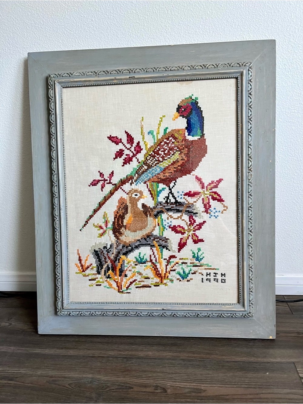1950s Handmade Needlepoint Cross Stitch “Pheasant And Duck” Framed 25/30 Inches